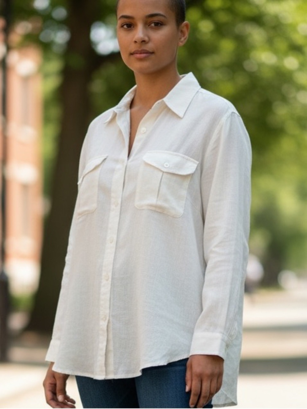 90s ECOLOGIE WHITE LINEN CASUAL RELAXED FIT COLLARED BUTTON DOWN BLOUSE SZ 14